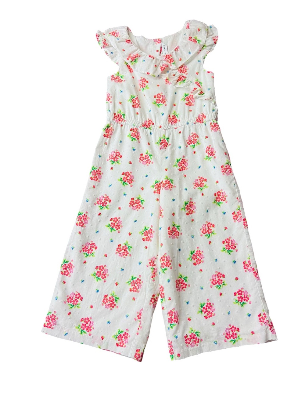 Janie and Jack White With Pink & Blue Florals Ruffle-Trim Jumpsuit Size 3